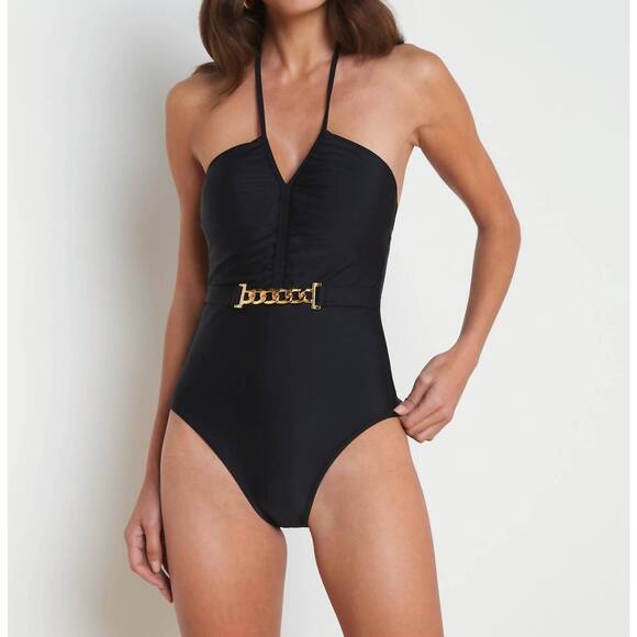 NEW L'AGENCE leila halter one piece swimsuit in black and gold belt